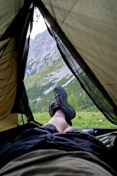 Relaxing View From Inside a Tent in the Mountains