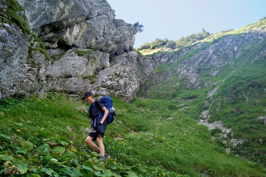 Hiker Exploring a Rocky Mountain Trail Surrounded by Greenery