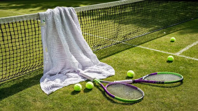 Tennis scene rackets, balls, and towel rest on a green court beside a net