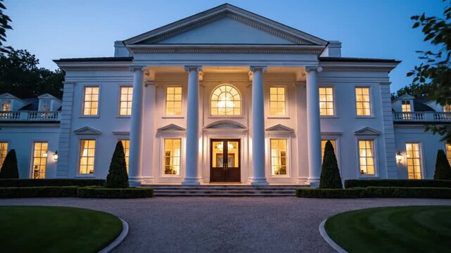 Majestic and grand white mansion with impressive classical architecture, featuring prominent columns and illuminated windows, creating a warm, inviting glow at dusk, representing luxury real estate an