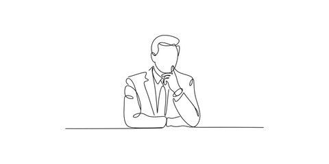 Minimalist sketch of a businessman in a suit sitting at a desk with his hand on his chin. © Line Art Gallery