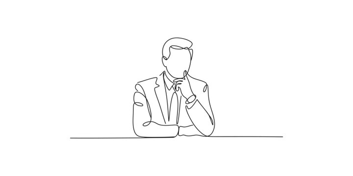 Minimalist sketch of a businessman in a suit sitting at a desk with his hand on his chin.