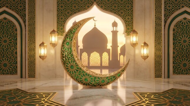 Elegant Ramadan Islamic Palace Interior with Crescent Moon