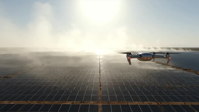 Cutting-edge drone technology performing aerial inspection of large-scale solar energy plant