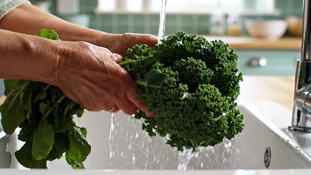Hands washing fresh kale under running water in a kitchen sink, preparing healthy greens for cooking