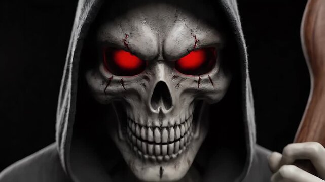 grim reaper with hooded cloak and glowing red eyes holding a scythe