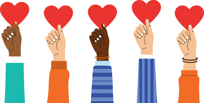 Raised hands holding hearts illustration, diverse vector artwork, unity and compassion concept, creative design element, collective support representation