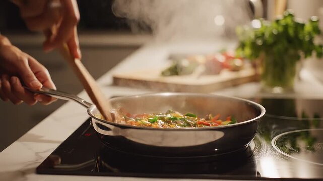 Close-up of a person's hands skillfully stirring fresh, colorful ingredients in a hot pan on a modern induction stovetop, creating a delicious meal with rising steam in a warm kitchen