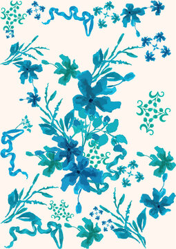 Seamless watercolor floral pattern with teal and blue hand painted flowers, flowing ribbons and delicate leaves on a soft neutral background. Modern botanical repeat for fabric and wallpaper.