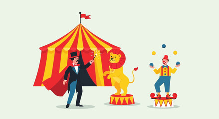 Enchanting circus scene with magician, lion, clown, and big top tent offering a delightful visual