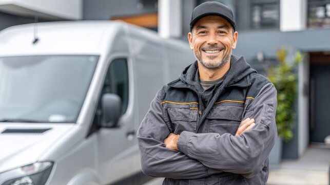 Confident male technician stands in front of service van in urban setting during bright daylight while showing positive attitude and readiness to work