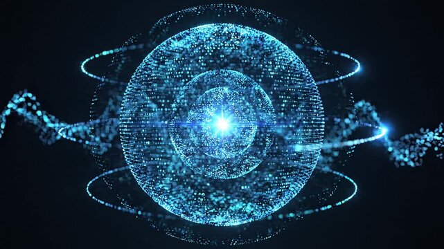 Abstract blue energy sphere with glowing particles and orbits, futuristic digital art