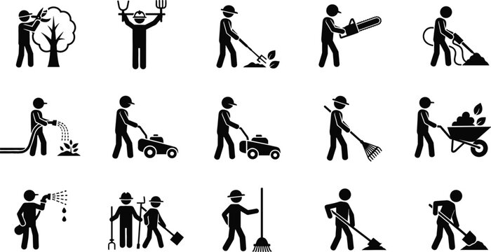 Professional gardener and landscaper stick figure icons set for garden maintenance lawn care horticulture and outdoor yard work