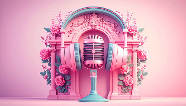 Vintage microphone framed by ornate arch and pink roses. Romantic music concept, luxury pastel aesthetic, podcast and audio branding illustration.