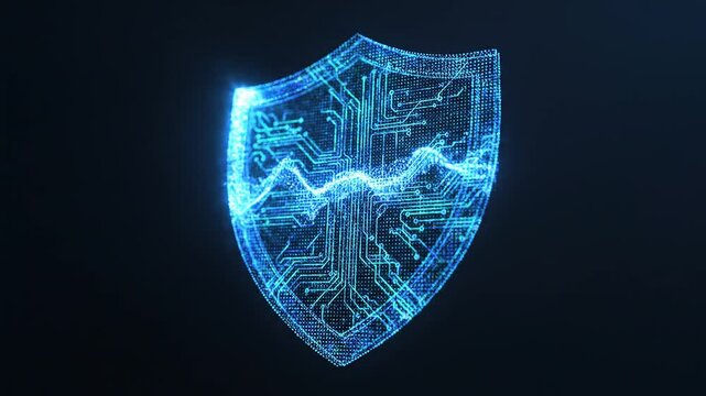 Digital shield representing cybersecurity and data protection with glowing blue circuit board patterns