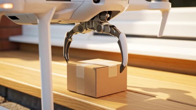 Drone Delivering Package on Wooden Surface.