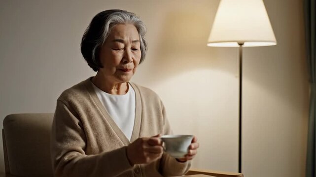 Elderly Woman Enjoying Coffee by Lamp.