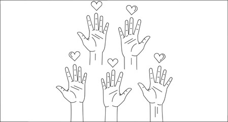 Obraz premium Raised hands with hearts illustration, volunteerism and unity artwork, creative vector design, compassion community concept representation