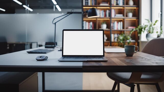 Sleek laptop with a blank screen sits on a modern wooden desk, showcasing a dynamic workspace that smoothly blends a professional office environment with a comfortable, productive home study