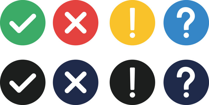 Eight circular with white checkmarks crosses exclamation marks and question marks check mark