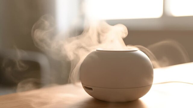 Contemporary white aroma diffuser releasing a soothing mist, enhancing the air with essential oils for a calming home environment, promoting relaxation, wellness, and improved air quality