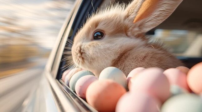 Cute baby bunny looking out of a moving car window with colorful easter eggs