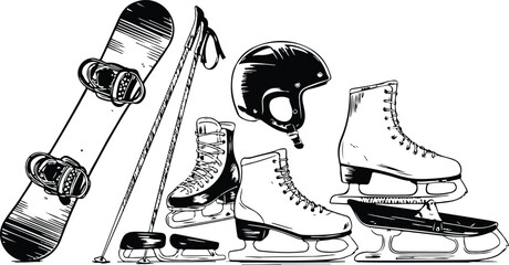 A black and white line art illustration of winter sports equipment arranged in a grid layout.