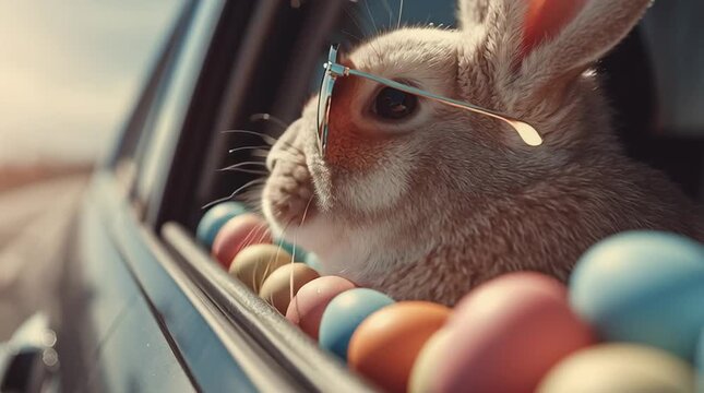 Cool bunny wearing sunglasses with colorful easter eggs in a car