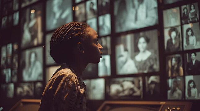 Woman viewing multiple portraits on screen grid in a dimly lit room
