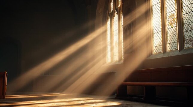 Sunlight rays streaming through stained glass windows inside a church sanctuary