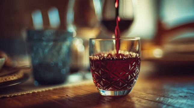 Red wine being poured into a decorative glass on a wooden table