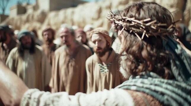 Man with crown of thorns from behind, surrounded by a crowd in a desert setting