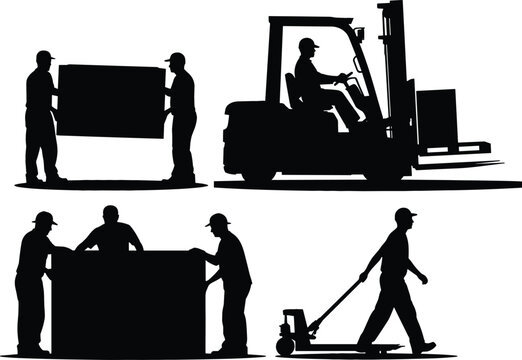 Professional warehouse workers silhouettes set featuring logistics team operating forklift pallet jack and moving cargo boxes in industrial storage
