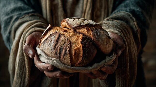 Hands holding two loaves of rustic bread wrapped in cloth