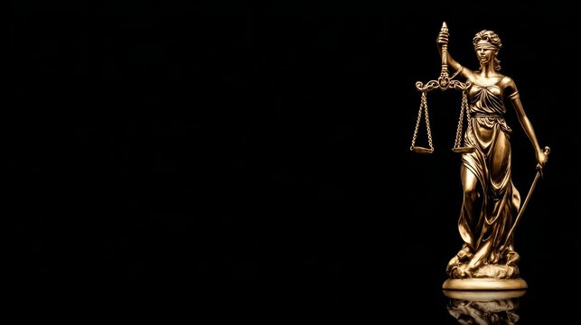 Gold statue of Lady Justice with scales on a polished surface against black background in a corporate setting