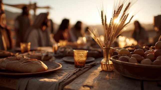 Last supper scene with bread, wheat, and disciples at sunset