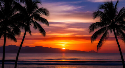 Obraz premium Tropical beach sunset with palm trees and calm ocean waters.