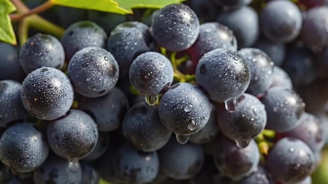 Macro close-up grape cluster with dew on dark blue grapes