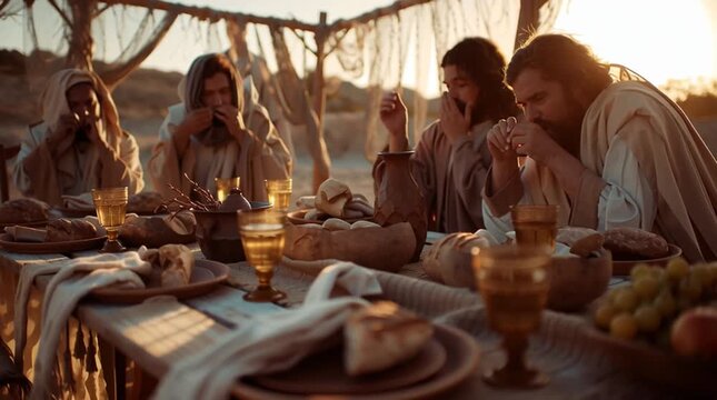 The last supper with jesus and disciples at a rustic table with bread and fruit