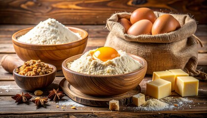 Fototapeta premium Baking ingredients on a wooden table with flour, eggs, butter, and nuts in bowls and a burlap sack