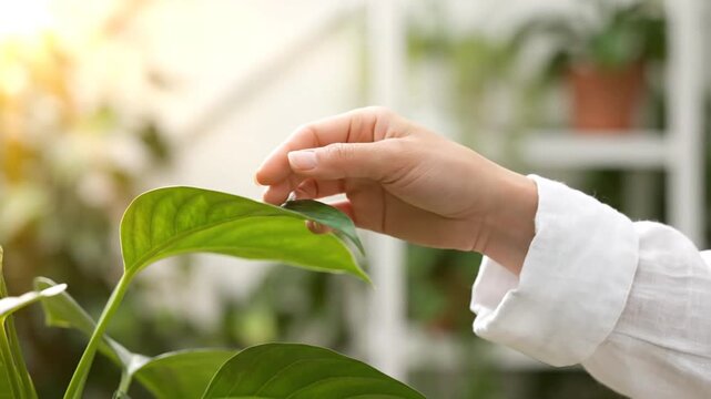 Hand Touching Green Plant Leaves in Greenhouse.