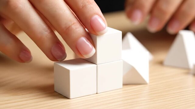 Hands Building Structure with White Cubes on Table.