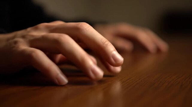 Hands resting on wooden table surface.