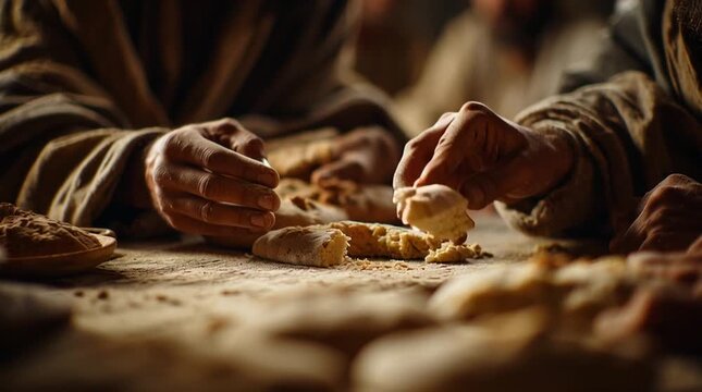 Close up of hands breaking bread during a shared meal, historical or religious setting