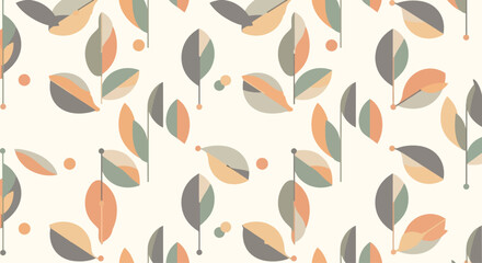 Seamless Pattern of Stylized Autumn Leaves and Dots on Cream Background