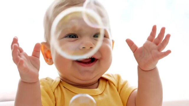 Happy Baby Playing with Soap Bubbles.