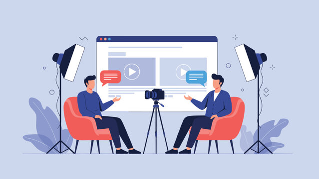 Professional video podcast or interview set showing two men talking in armchairs with cameras, studio lights, and a digital screen in the background.