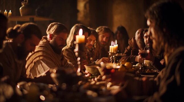 Jesus christ holding a cup of wine during the last supper by candlelight
