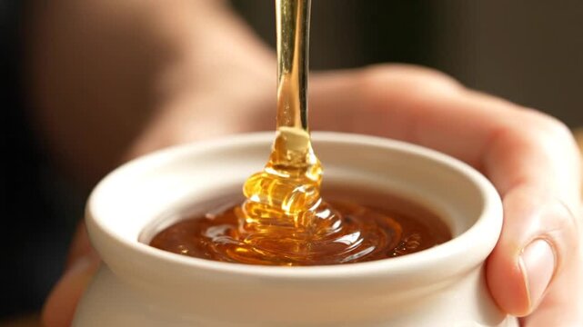 Honey Pouring into White Ceramic Bowl.