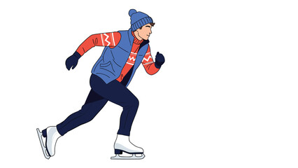 Fototapeta premium Athletic man in a blue vest and red sweater ice skating across a white frozen pond or rink in a dynamic action pose on a clear white background.